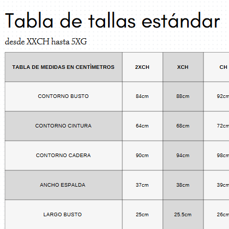 TABLA DE TALLAS ESTÁNDAR DE DAMA. GRATIS